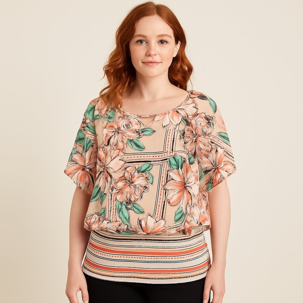JM Collection Tropical Floral Top Pink Peach Lily Print Gold Bar Neckline Sz L